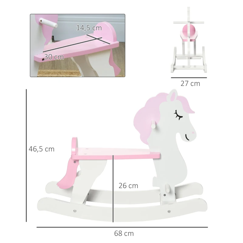 HOMCOM Cavalo Baloiço para Crianças de 1-3 Anos Cavalo Baloiço de Madeira com Guiador e Apoio para os Pés 68x27x46,5cm Branco e Rosa