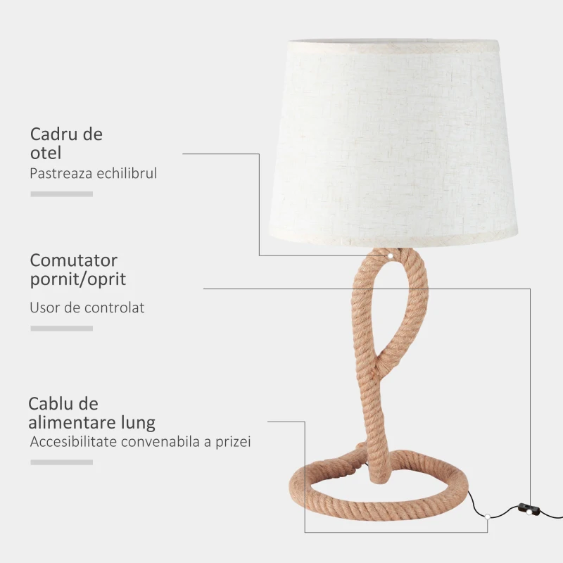 HOMCOM Lampa de Masa Stil Marinaresc din Franghie si Tesatura, Cuplare E27 Ф30x56cm