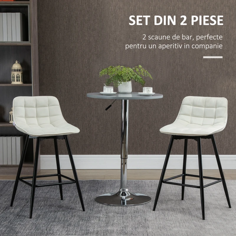 HOMCOM Set de 2 scaune de bar cu spatar si suport pentru picioare, scaune inalte tapitate in stil nordic din metal si catifea, alb-crem, 45x47x84 cm