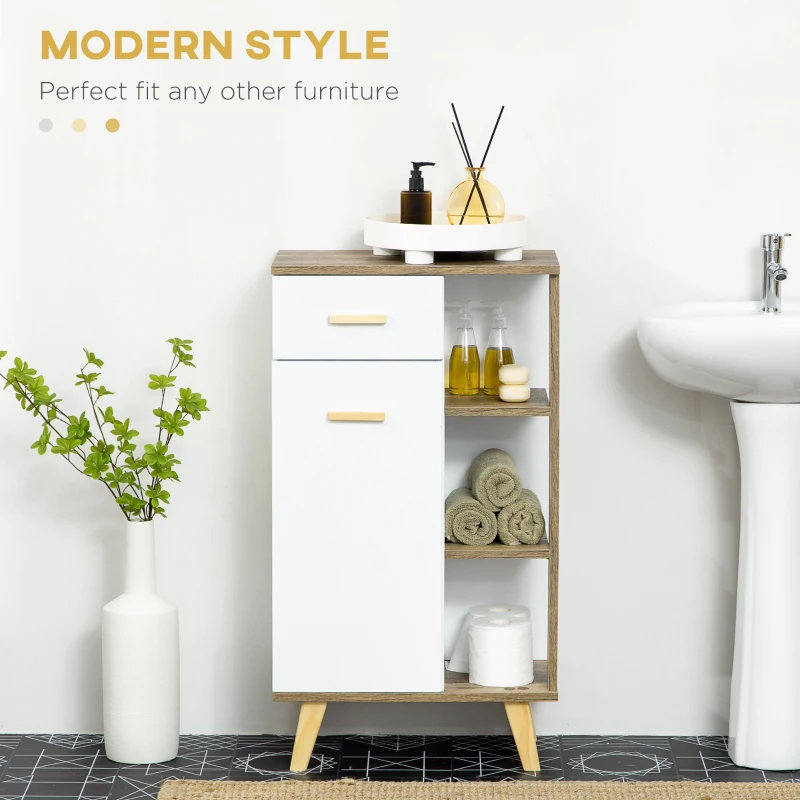 kleankin Dulap de baie modern cu dulap, sertar si rafturi din lemn, dulap multifunctional cu baza inaltata, 50x30x89cm, alb