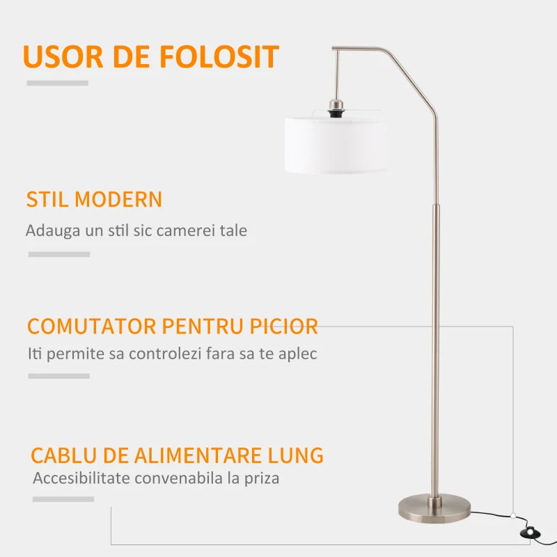 HOMCOM Lampă de podea modernă din oțel cu abajur din material textil, 65x33x158cm – alb