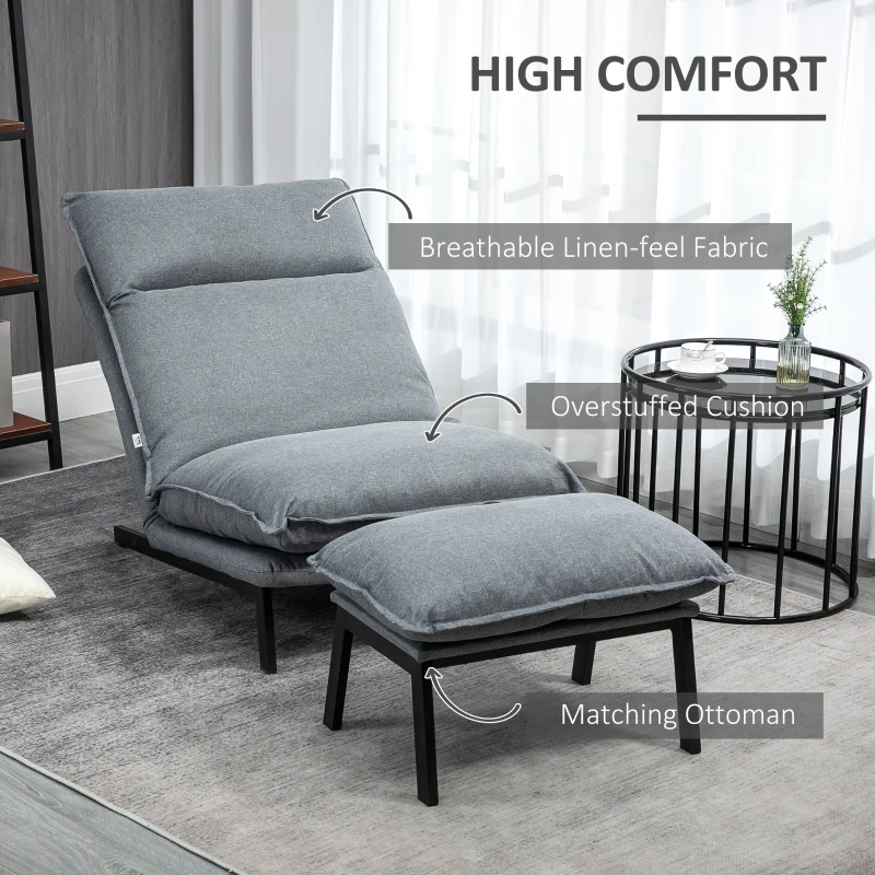 HOMCOM Fotoliu cu 4 nivele de relaxare cu fotoliu de picior cu otoman din material textil, mobilier modern pentru camera de zi, gri deschis