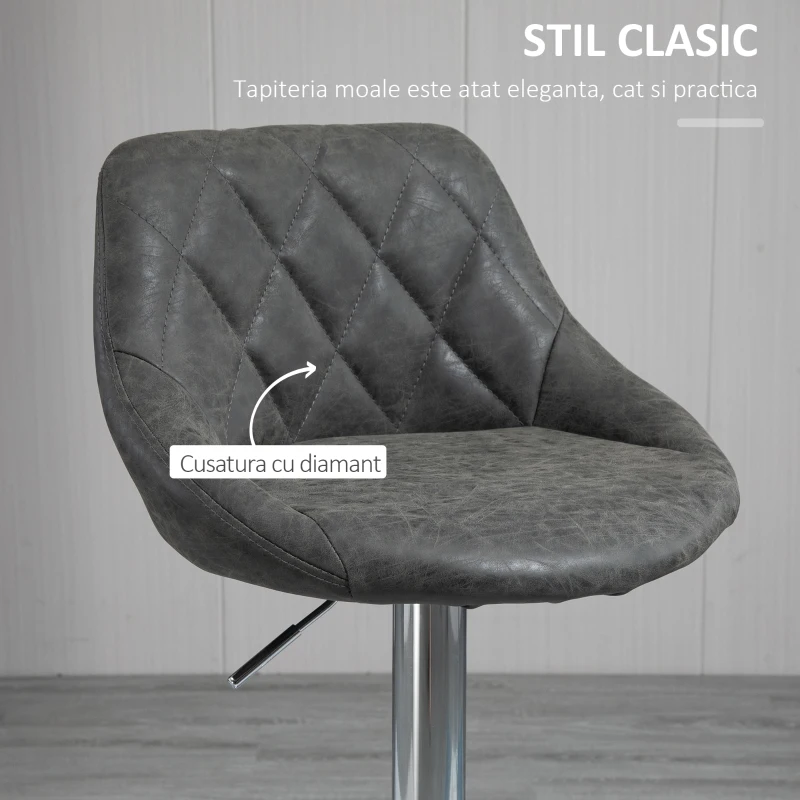 HOMCOM Set 2 Scaune de Bar Pivotante Reglabile in Inaltime din Imitatie de Piele Gri