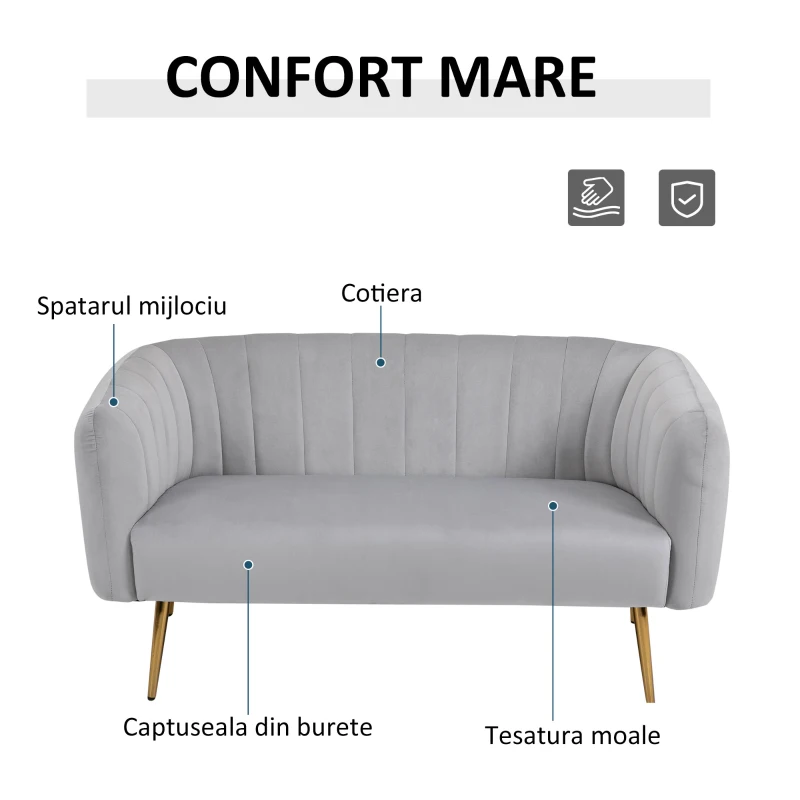 HOMCOM Canapea 2 Locuri Design Modern Captusita cu Cotiere si Spatar, Gri