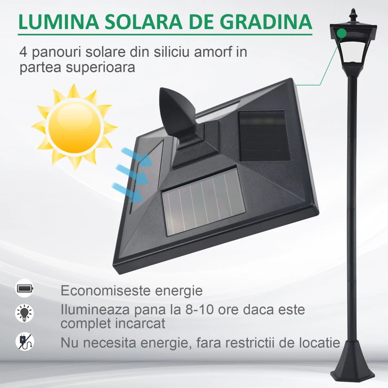 Outsunny Felinar LED Solar 160 cm – Design Negru pentru Gradina
