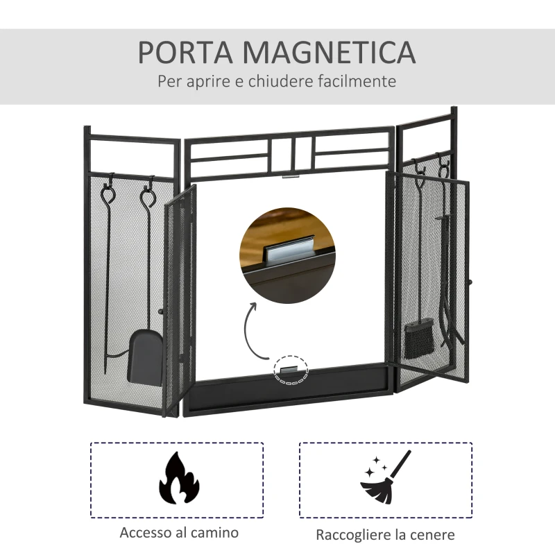HOMCOM Opritor Scantei Semineu Modern Pliabil din Metal Negru, 122x1,6x80cm