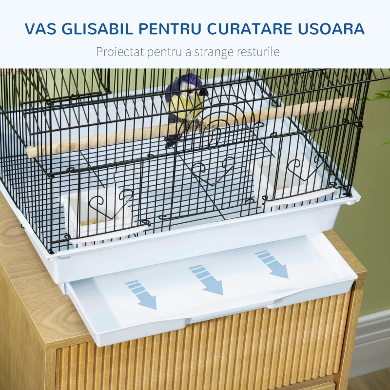 PawHut Cusca pentru pasari din metal si plastic cu maner de transport si tava detasabila, 50,5x41x63 cm, alb