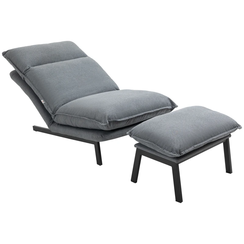 HOMCOM Fotoliu cu 4 nivele de relaxare cu fotoliu de picior cu otoman din material textil, mobilier modern pentru camera de zi, gri deschis