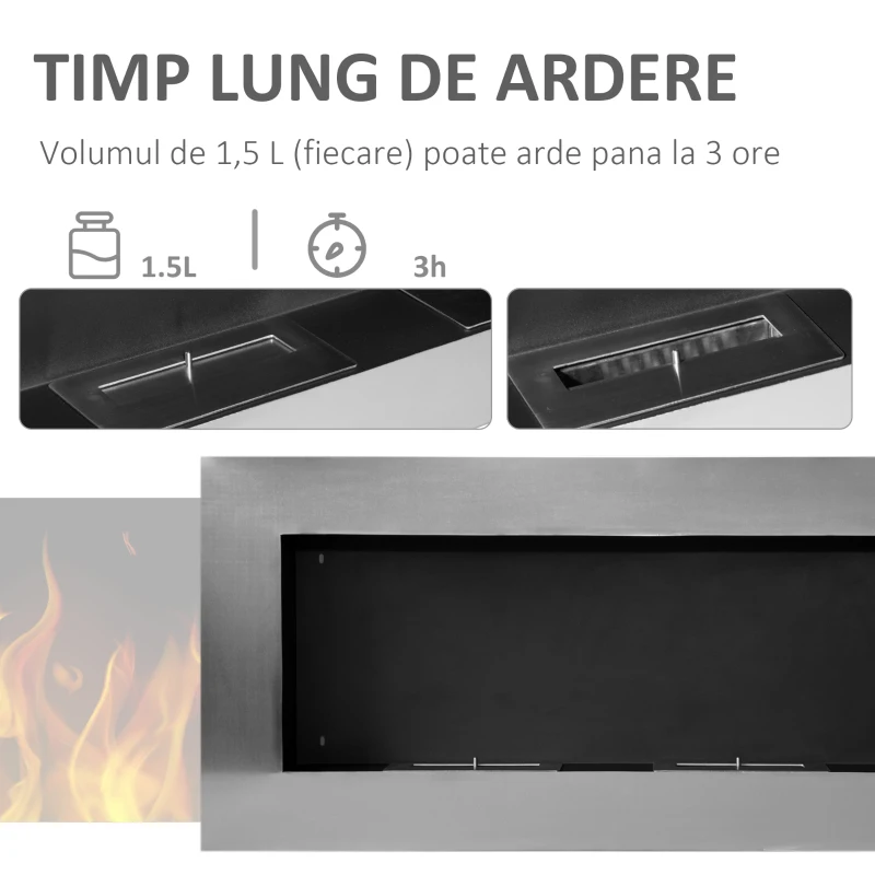 HOMCOM Șemineu pe Bioetanol Realizat din Inox cu 2 Arzătoare 1.5LT 110x54x14cm