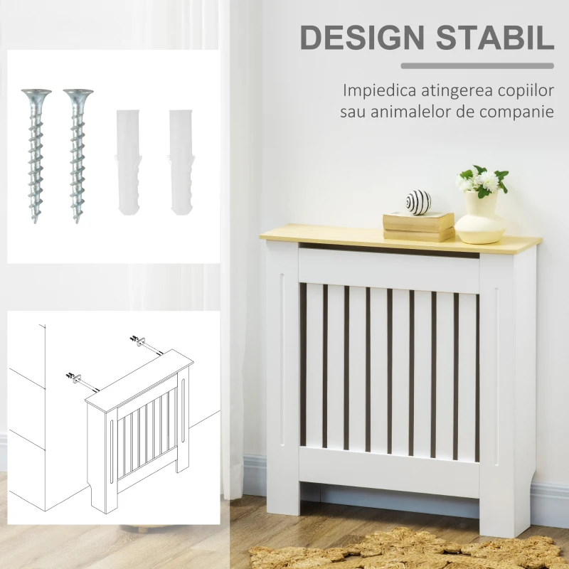 HOMCOM Mobilier Masca pentru Calorifer cu Design cu Sipci cu Raft in MDF si Lemn Alb