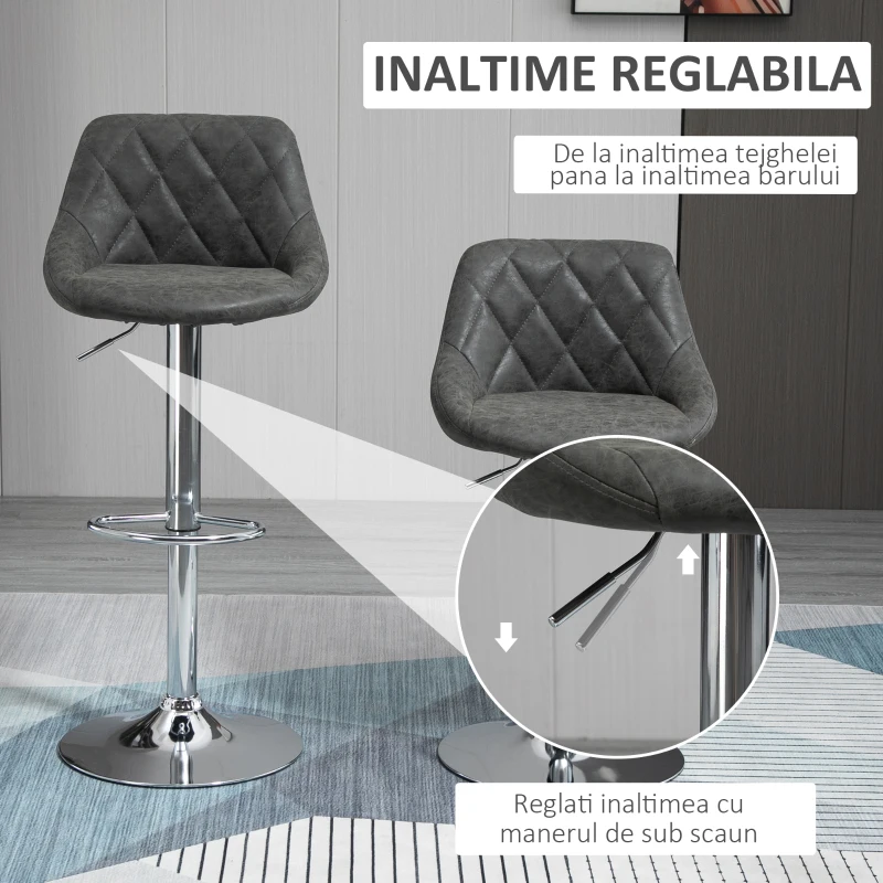 HOMCOM Set 2 Scaune de Bar Pivotante Reglabile in Inaltime din Imitatie de Piele Gri