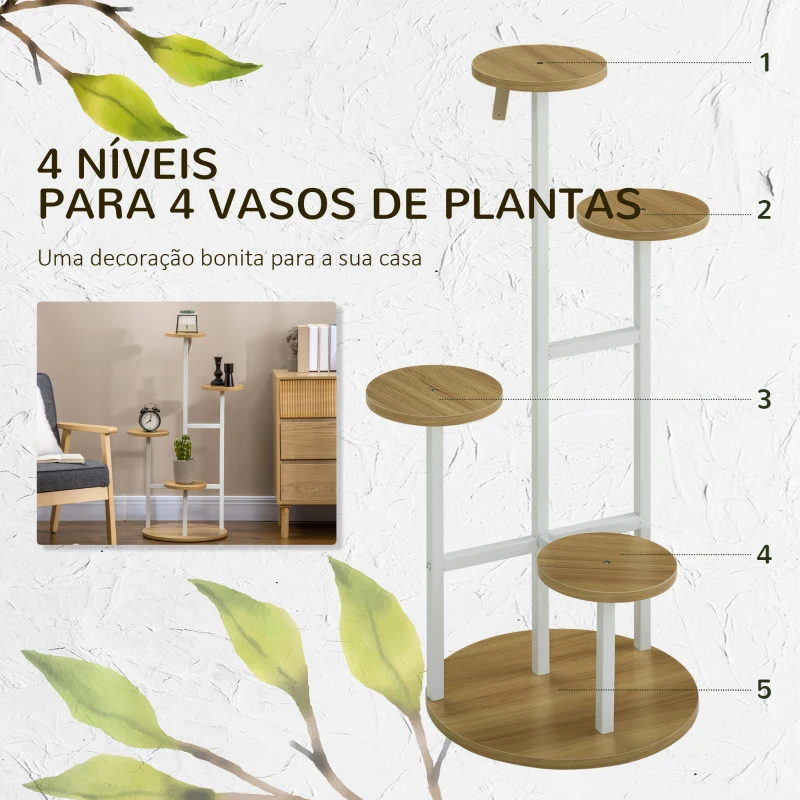 Outsunny Suporte para Plantas de 4 Níveis Suporte para Vasos de Plantas com Estrutura de Aço 40x40x95,5cm Madeira e Branco