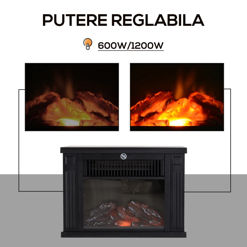 HOMCOM Șemineu Electric de PodeaPutere 600W/1200W din Plastic și Sticlă Temperată Negru, 34x17x25cm
