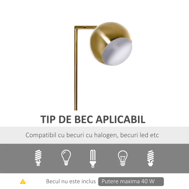 Homcom Lampadar Vintage – Abajur Reglabil, E27, Finisaj Auriu