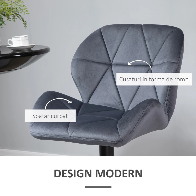 HOMCOM Set de 2 Scaune de Bar cu Înălțime Reglabilă, Bază Metalică și Șezut din Catifea, 51.5x57.5x93-114.5 cm, Gri