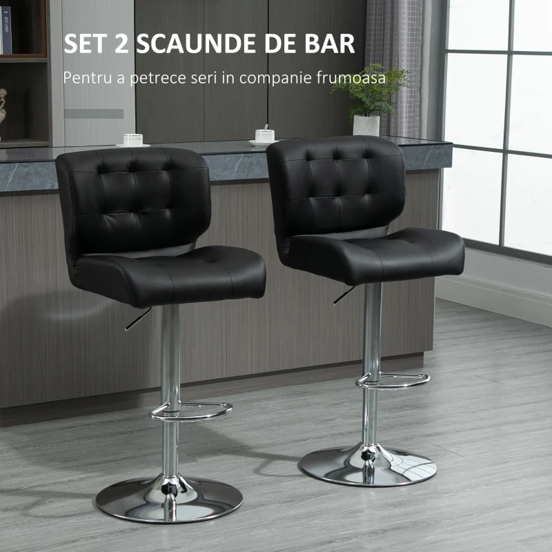 HOMCOM Set 2 Taburete Bar Pivotante cu Inaltime Reglabila din Imitatie de Piele Neagra(m-4)