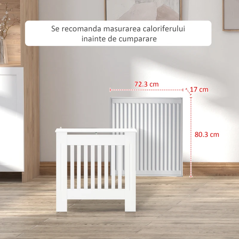HOMCOM Mască pentru Calorifer din Lemn cu Lamele Verticale și Raft Superior, 78x19x81 cm, Alb(m-5)