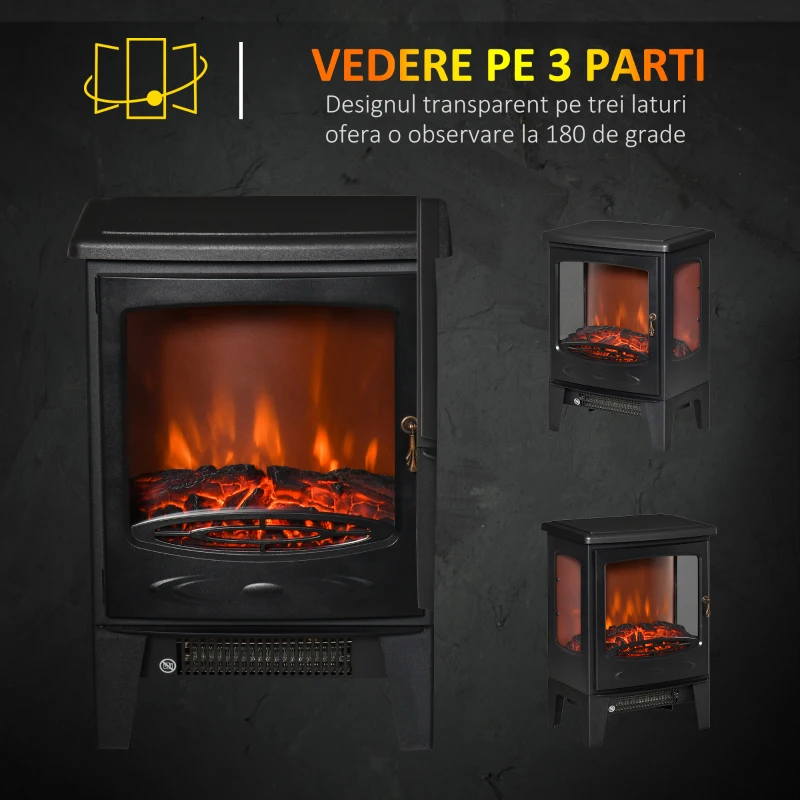 HOMCOM Semineu Electric cu Efect de Flacara 3 Laturi Deschise Temperatura 1000W-2000W