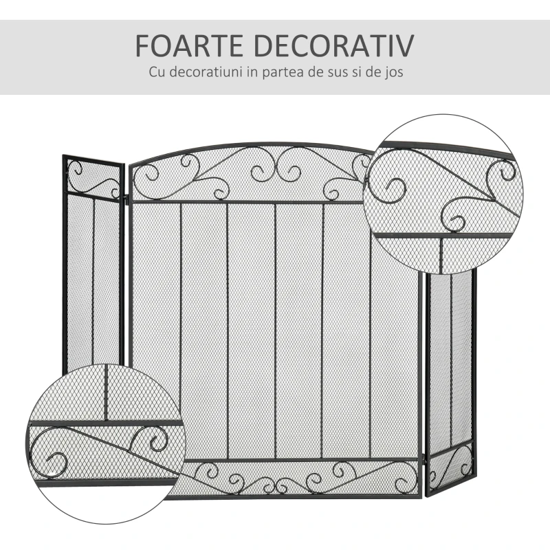 HOMCOM Parascentei pentru Semineu Pliabil 3 Panouri Metal Negru 105x1,6x80,5cm