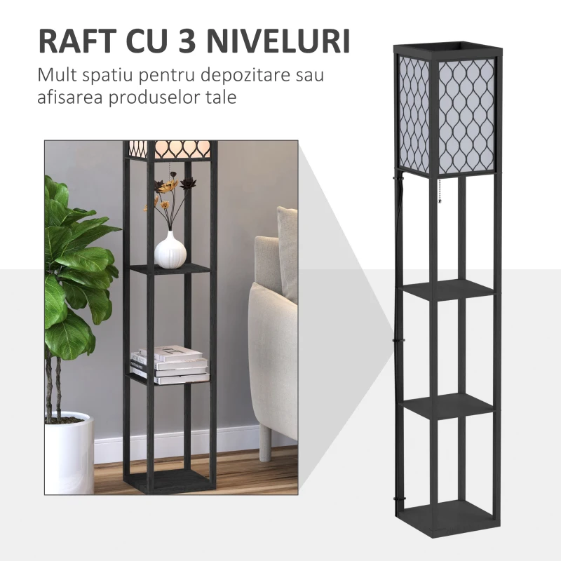 Homcom Lampa Pom 160 cm – Negru cu Rafturi pe 3 Niveluri