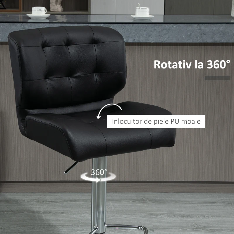 HOMCOM Set 2 Taburete Bar Pivotante cu Inaltime Reglabila din Imitatie de Piele Neagra(m-6)