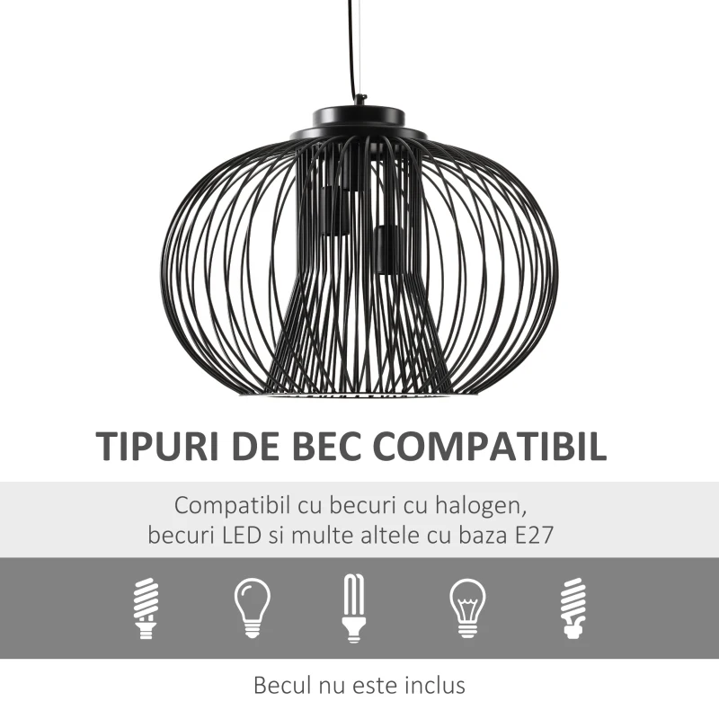HOMCOM Lustră de plafon design modern cu fixare E27 și înălțime reglabilă, Plafoniera suspendata Ф50x150cm – negru