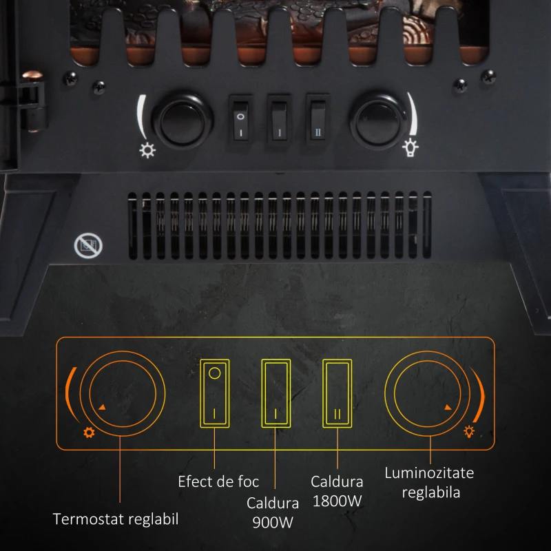 Semineu electric HOMCOM cu putere reglabila cu efect de flacara 900 W/1800 W, 36 x 25,5 x 41,5 cm, negru
