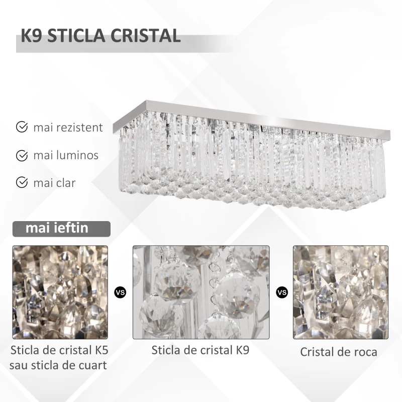 HOMCOM Lustra Moderna Dreptunghiulara cu Picaturi Cristal K9 Baza Otel Inox