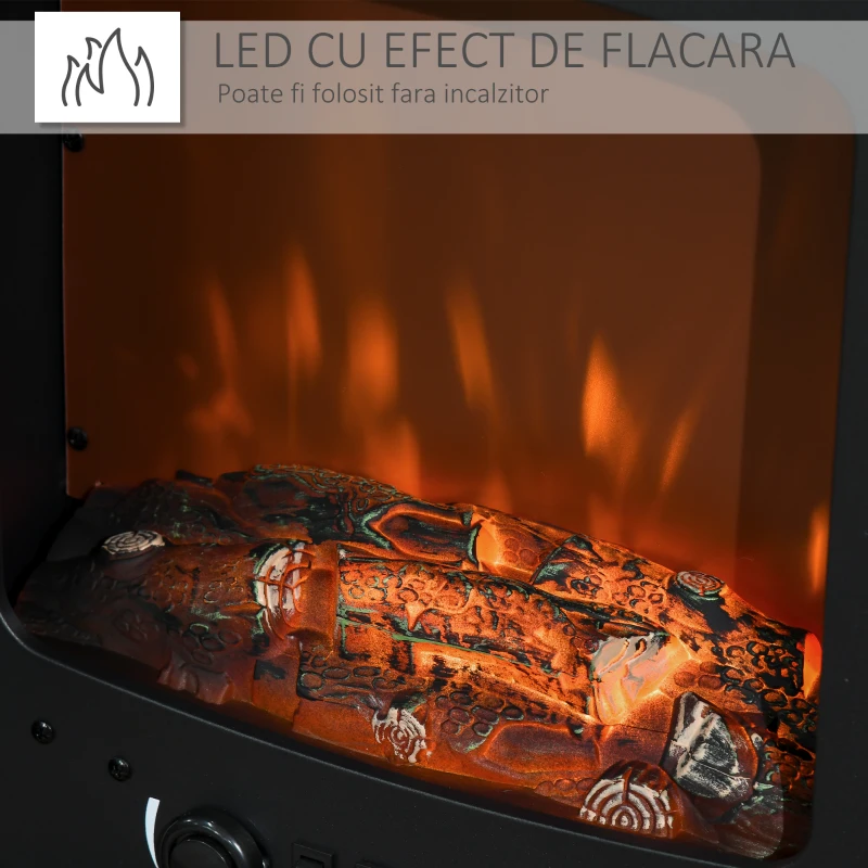 HOMCOM Semineu Electric Negru Efect Flacara Temperatura Reglabila 900W-1800W