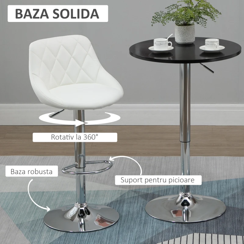 HOMCOM Set 2 Scaune de Bar Pivotante și Reglabile, Piele Ecologică Albă, cu Cusături Diamant, Ușor de Curățat, Eleganță Fără Griji de Pete