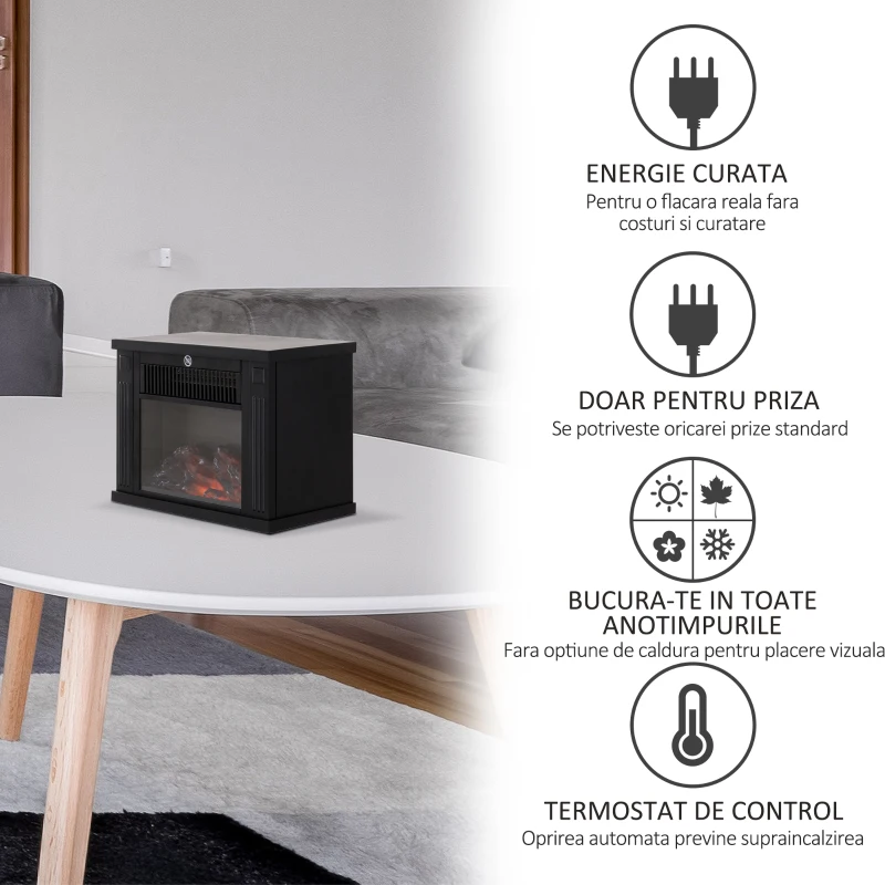 HOMCOM Șemineu Electric de PodeaPutere 600W/1200W din Plastic și Sticlă Temperată Negru, 34x17x25cm