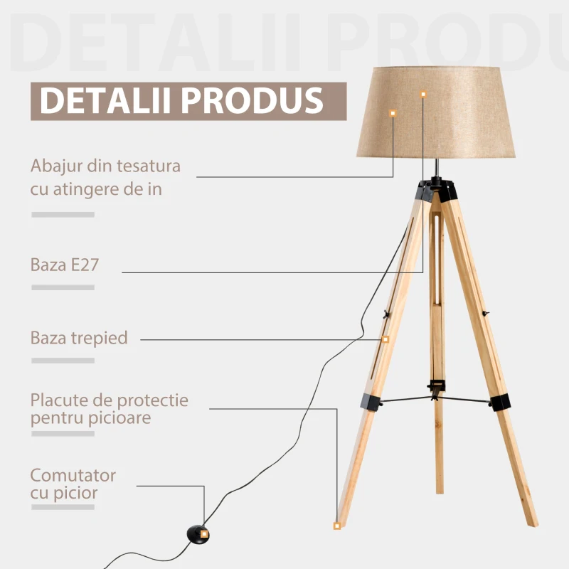 HOMCOM Lampa de Sol Design cu Trepied in Lemn Inaltime Reglabila, Bej