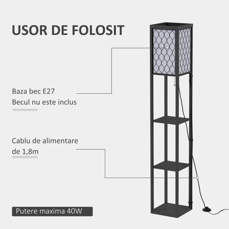 Homcom Lampa Pom 160 cm – Negru cu Rafturi pe 3 Niveluri