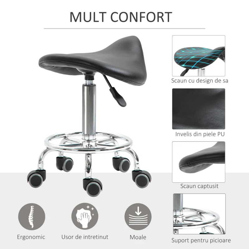 Homcom Scaun Ergonomic – Reglabil pe inaltime, Negru cu 5 Roti