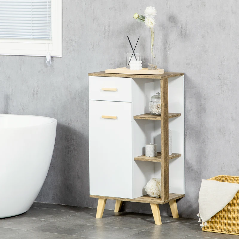 kleankin Dulap de baie modern cu dulap, sertar si rafturi din lemn, dulap multifunctional cu baza inaltata, 50x30x89cm, alb