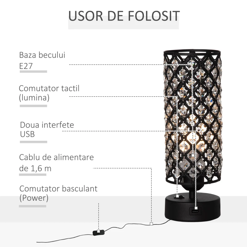 HOMCOM Lampa de Masa cu Abajur din Cristal si 2 Porturi USB, Intensitatea Luminii Reglabila Touch Ф10,8 x 30 cm, Negru