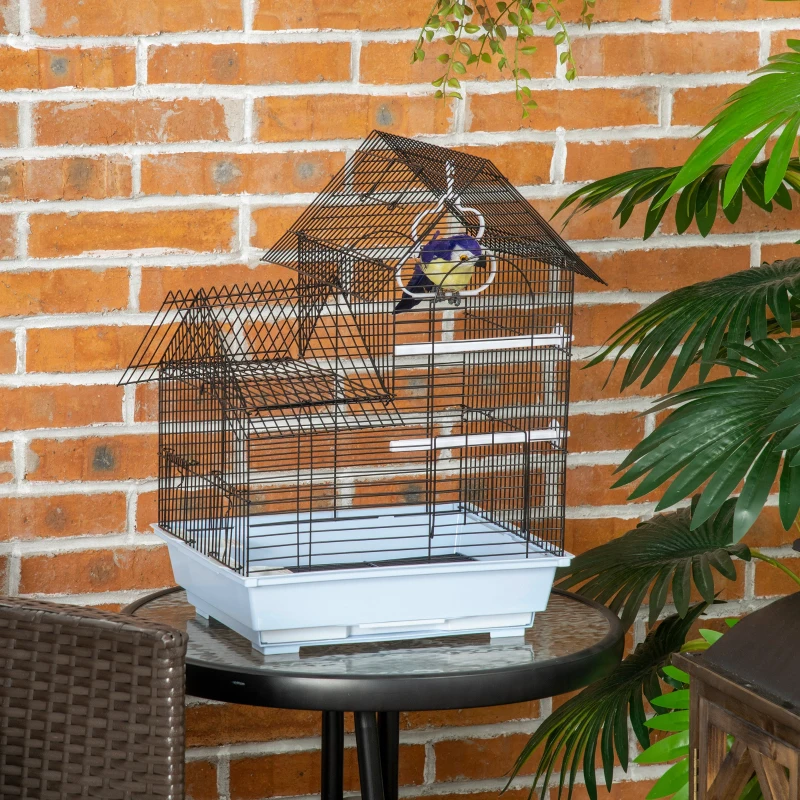 Pawhut Colivie Metalica 39×33×47 cm – Alb, cu Tava, Cuiere & Leagan
