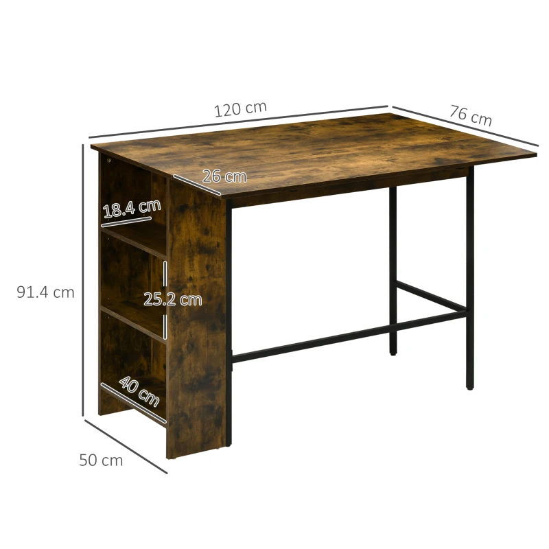 HOMCOM Masa de bar pliabil in stil industrial cu 3 rafturi, masa inalta din lemn si otel 120x76x91.4cm(m-3)