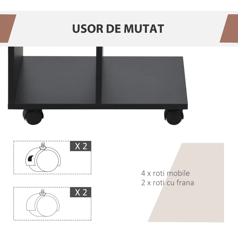 HOMCOM Masa laterala in forma de C cu 2 rafturi deschise si 4 roti pivotante, PAL, 45x35x58cm, negru