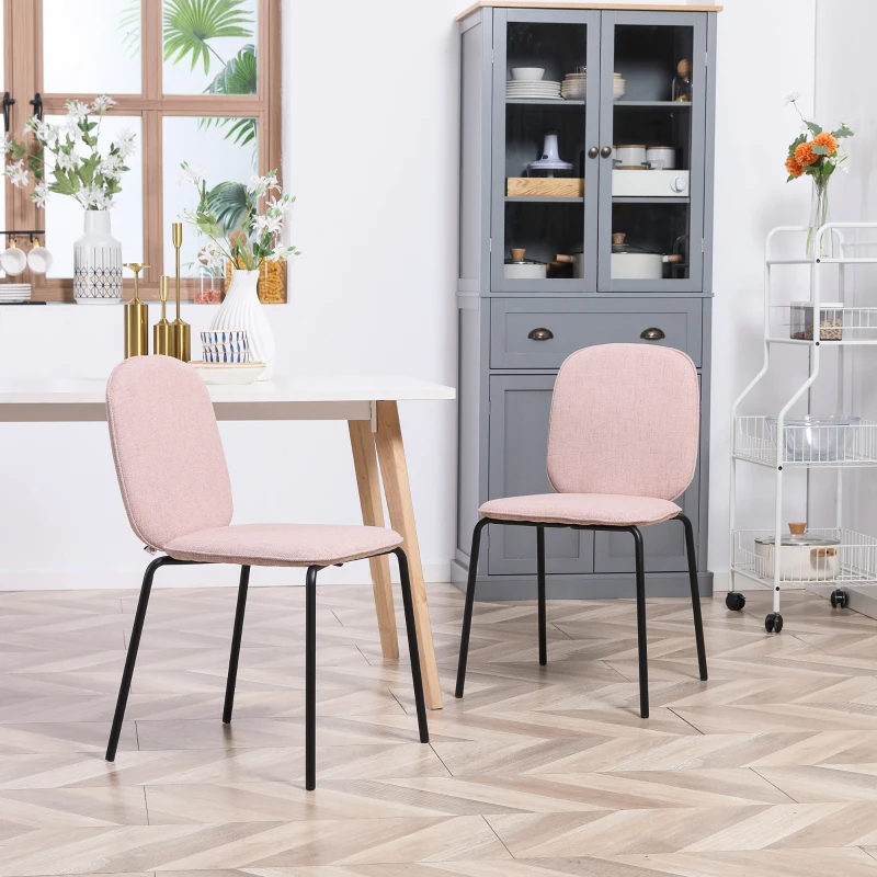 HOMCOM Scaune de masa tapitate Set de 2 scaune de bucatarie fara brate cu picioare din otel pentru living, sufragerie, dormitor, roz, roz