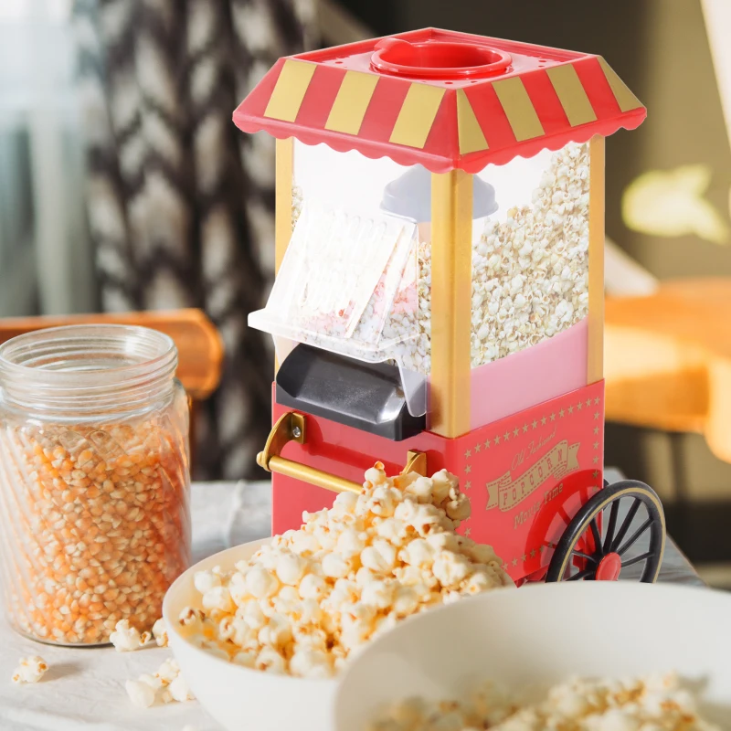HOMCOM Masina de facut pop corn in stil retro de 1200W , pregatita in 3 minute fara ulei, 22x19x39cm, rosu