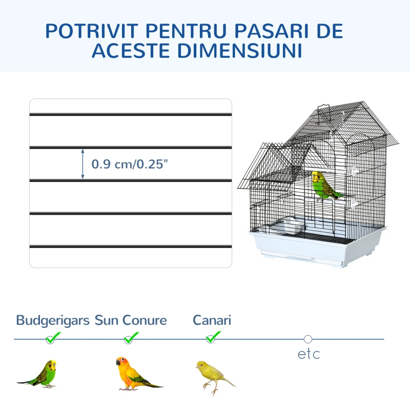 Pawhut Colivie Metalica 39×33×47 cm – Alb, cu Tava, Cuiere & Leagan