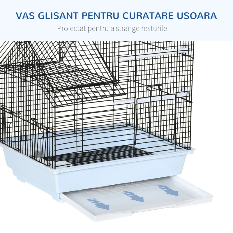 Pawhut Colivie Metalica 39×33×47 cm – Alb, cu Tava, Cuiere & Leagan