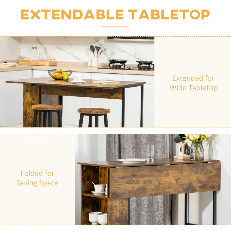 HOMCOM Masa de bar pliabil in stil industrial cu 3 rafturi, masa inalta din lemn si otel 120x76x91.4cm(m-4)