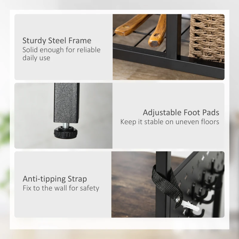 HOMCOM Dulap de bucatarie cu carlige, 3 rafturi si 2 cosuri fixe din MDF si otel, 83,5x39x133 cm, maro