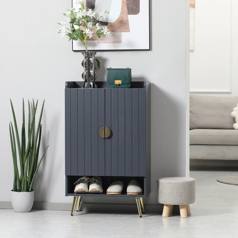 HOMCOM Dulap de pantofi modern cu 4 niveluri, cu 2 usi si rafturi reglabile pentru pana la 15 pantofi, din PAL si otel, 60x33x100 cm, gri si auriu