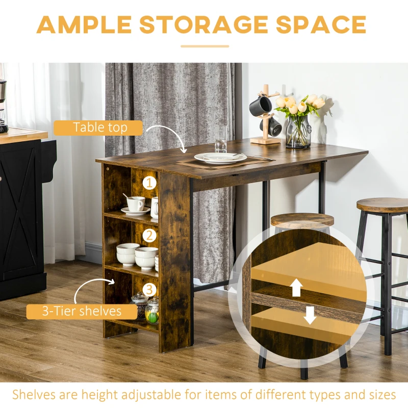 HOMCOM Masa de bar pliabil in stil industrial cu 3 rafturi, masa inalta din lemn si otel 120x76x91.4cm(m-5)