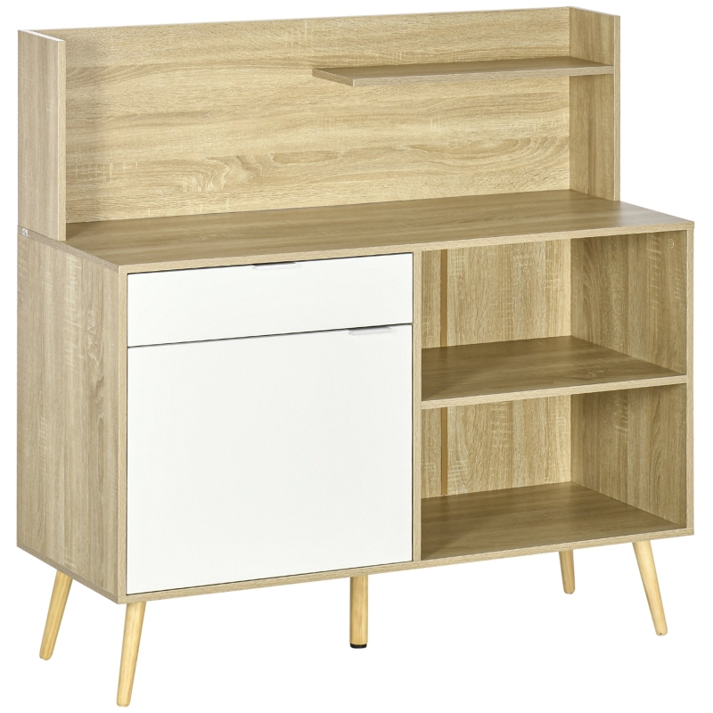 HOMCOM Dulap pentru living, bucatarie si intrare din PAL si lemn de pin cu spatiu inchis, 2 rafturi deschise si sertar, 118,3x43,8x118,7 cm, alb si culoarea lemnului
