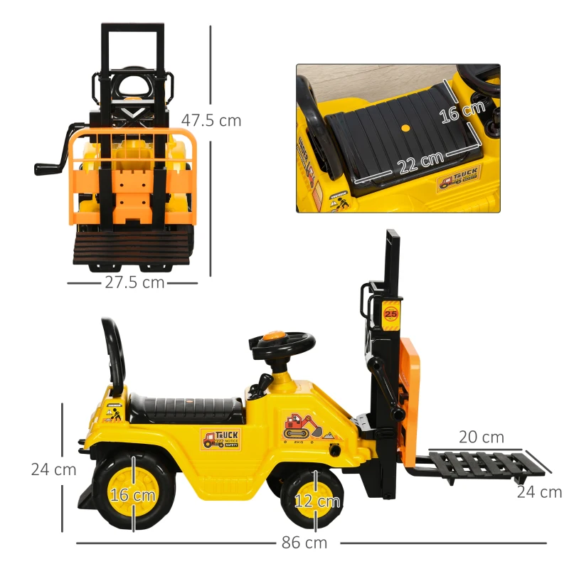 HOMCOM Masina de constructii pentru copii, Tractorul de plimbare cu depozitare sub scaun, roti cu banda de rulare