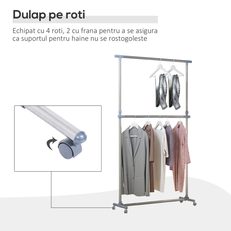 HOMCOM Cuier pentru haine cu inaltime si extensie reglabile, 165 x 48 x 180 cm, Inox / ABS, Argintiu / Gri